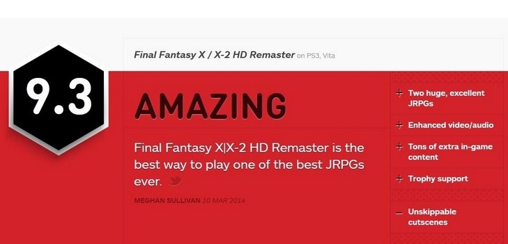 《最终幻想10 HD/10-2 HD》获IGN 9.3高分评价